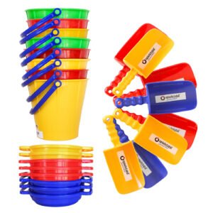 8 colorful sand pails, 8 sieves, and 8 scoops set on a white background