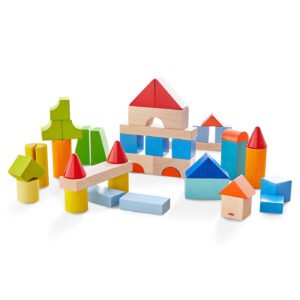 Colored Building Blocks 46 Piece Set with greens, blues, reds, oranges, and yellow wooden blocks stacked