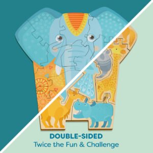 Double-sided elephant-shaped puzzle with elephant design on one side and animal illustrations on the other.