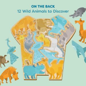 Colorful wooden animal puzzle with various wild animals and text at the top reading 