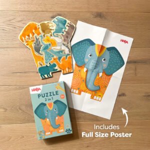 Children's puzzle set with animal pieces and an elephant poster on a wooden surface. Text reads 