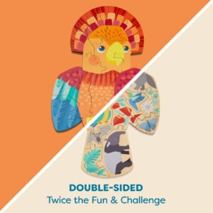Double-sided parrot-shaped puzzle with parrot design on one side and animal illustrations on the other.