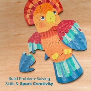 A parrot-shaped puzzle on a wooden surface with colorful feathers and text below reading 