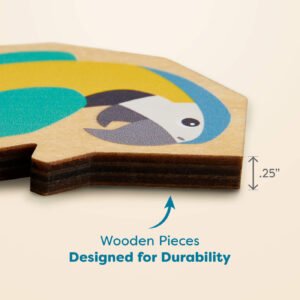 Close-up of a wooden puzzle piece featuring a parrot illustration, showing a labeled thickness of 0.25 inches. Text below reads 