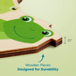 Close-up of a wooden puzzle piece featuring a green frog illustration, showing a labeled thickness of 0.25 inches. Text below reads 