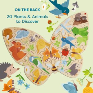 A colorful butterfly-shaped puzzle featuring animals and plants against a light green background. Text reads 