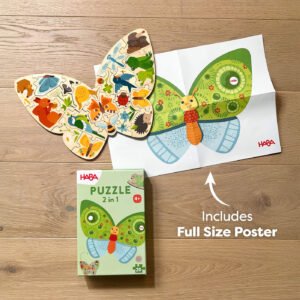 A children's butterfly-shaped puzzle with animal illustrations next to a matching poster and packaging. Text reads 