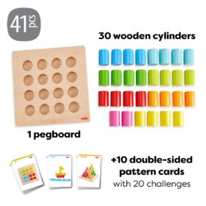 41 Piece wooden set with a pegboard, 30 colorful cylinders, and 10 double-sided pattern cards with 20 challenges