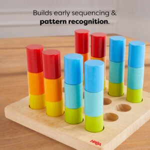 Wooden peg toy with colored stacking blocks, text reads 