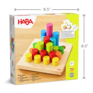 Rainbow Risers Wooden Stacking Game package is 8.5 inches square
