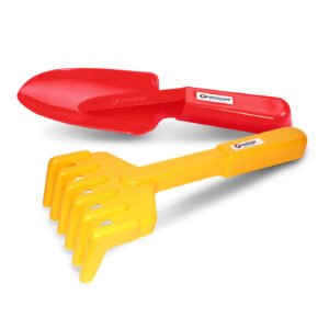 Red trowel and yellow rake Spielstabil 2 Piece Garden Set on a white background.