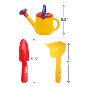 Spielstabil Watering Can is 6 and a half inches tall, the Hand Rake is 9 inches tall, and Trowel is 9 in a half inches tall
