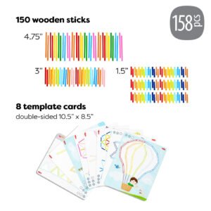 158 piece set with 150 colorful wooden sticks in three sizes and 8 double-sided template cards.