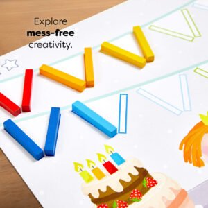 Colorful template with wood sticks and an illustration of a cake. test reads 