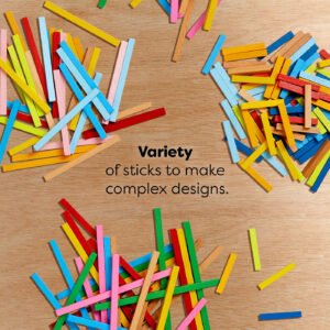 Colorful wooden sticks on a wooden surface with text reading 