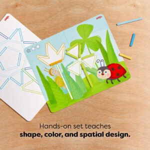 Wooden sticks on a template featuring geometric shapes and nature designs. text reads 