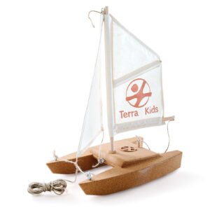 HABA Terra Kids DIY Catamaran with a white linen sail displaying 'Terra Kids' on a white background