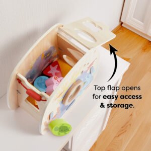 Open wooden toy box with colorful marine-themed blocks and an open top flap. Text reads 